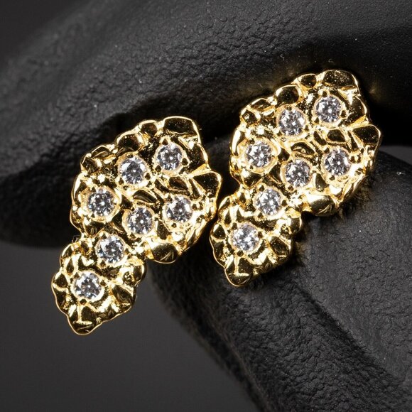 Solid Yellow Gold Plated 925 Sterling Silver Nugget Hip Hop Screw Back Earrings - Picture 1 of 5